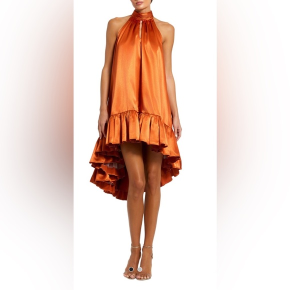 Mac Duggal Rust/Orange Key Hole Halter Swing High-Low Dress: Size Small